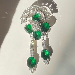 Vintage Faux Emerald & Rhinestone HUGE Pendant Pin Brooch HUGE 3” Long Dangle